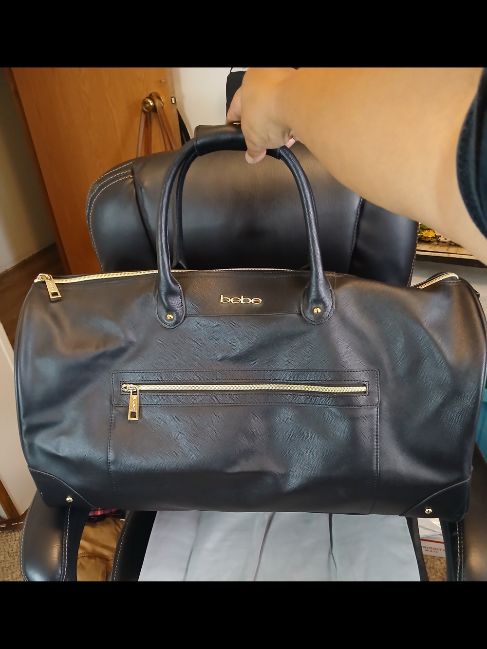 bebe Black Leather Weekender Bag
